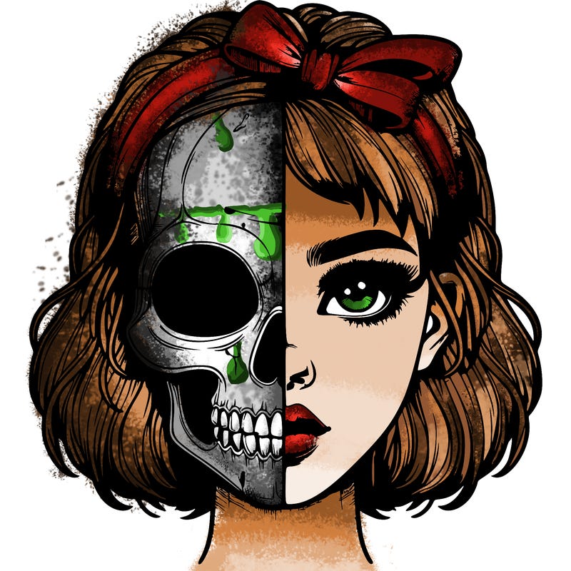 realistic girl with half skull mask