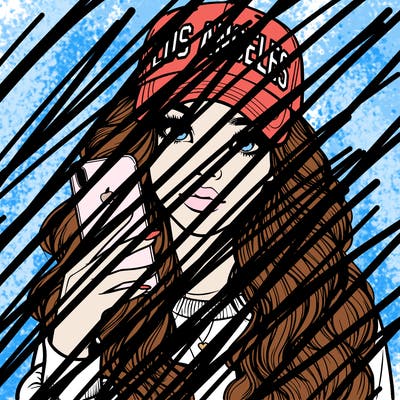 realistic beautiful girl wearing los ángeles cap holding an iphone