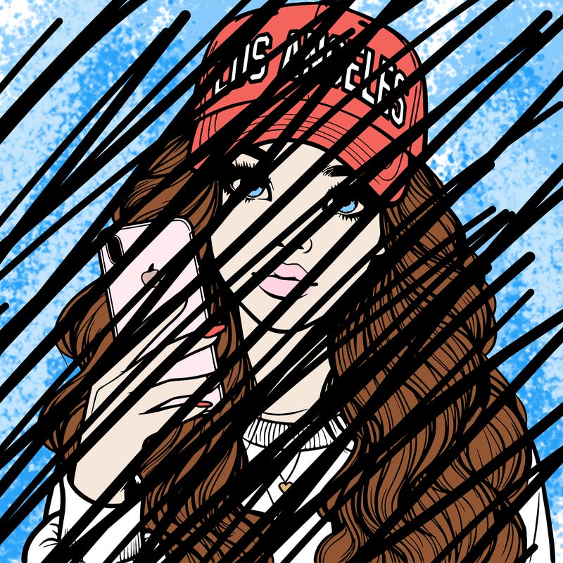 realistic beautiful girl wearing los ángeles cap holding an iphone