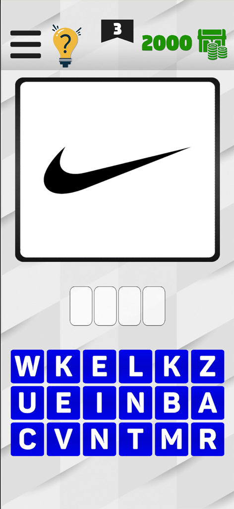 Captura de pantalla del juego BrandMaster Logo Quiz que muestra el logo de Nike y una cuadrícula de letras para adivinar el nombre de la marca.