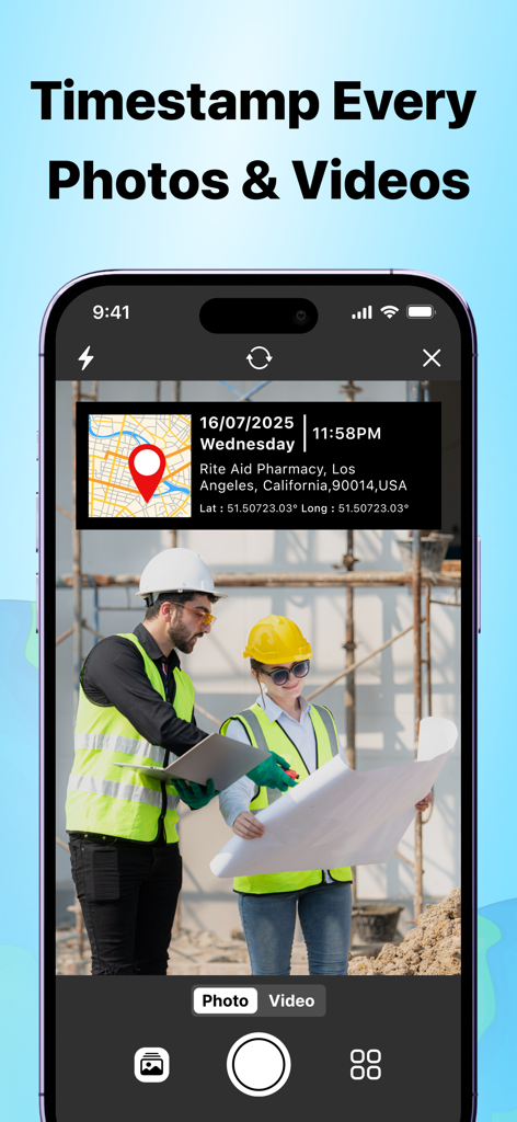 Time Stamp Photos With GPS Map - Superposición de mapa GPS y marca de tiempo en una vista de cámara de trabajadores de la construcción