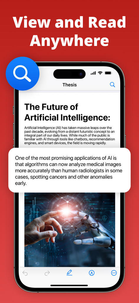 PDF Air - Editor and Converter - PDF Air app interface on iPhone displaying a document titled The Future of Artificial Intelligence with a magnified text callout