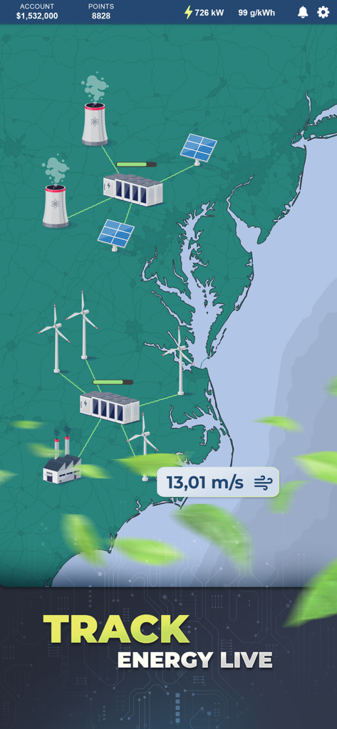 Energy Manager - 2025 - Live-Energienetz-Tracking-Karte in Energy Manager 2025, die Windturbinen, Solarmodule und Kraftwerke zeigt