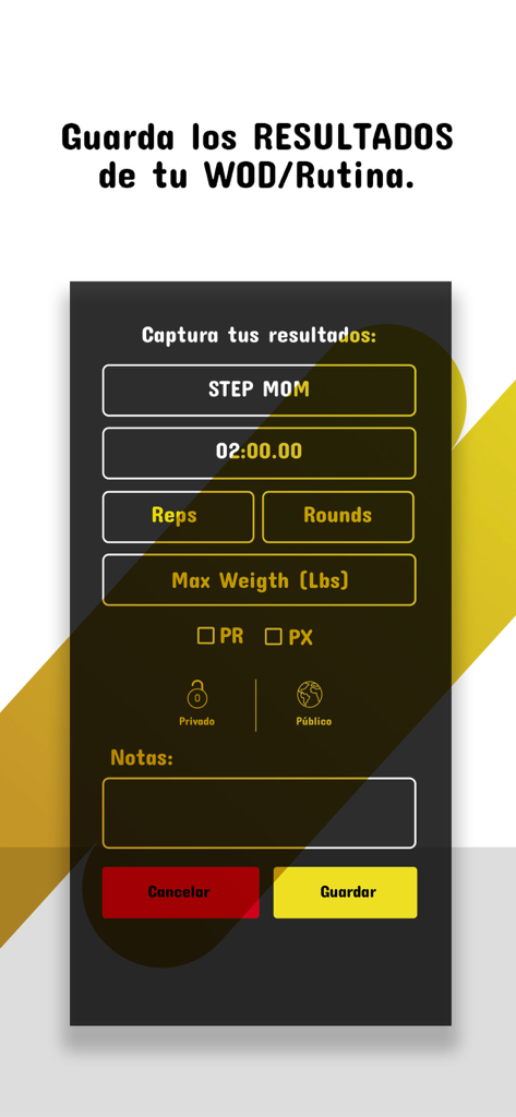 Atom - Atomアプリのワークアウトル結果記録用インターフェース、時間、回数、ラウンド、重量が含まれています