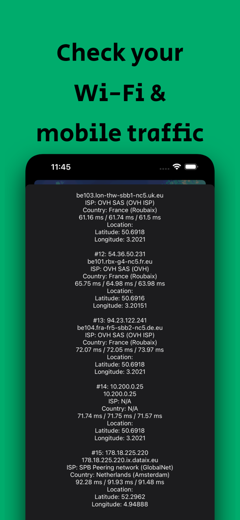 Geo Trace: Traceroute App - Detailed list of network traceroute hops showing ISP location and latency data