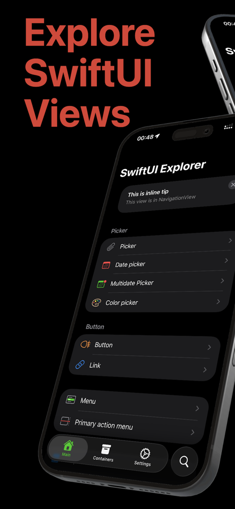 UI Tracer - UI Tracer app interface showing the SwiftUI Explorer with a list of components like Picker and Button on an iPhone screen