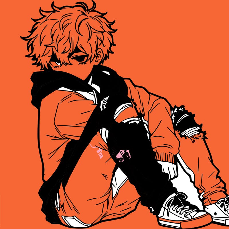 a male hoddie ripped jeans messy hair anime