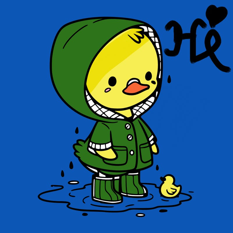 baby duck in a rain coat and boots, in a puddle while it’s raining
