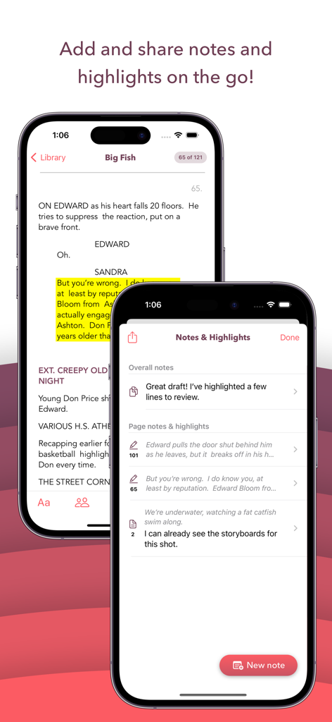 Weekend Read 2 mobile app interface showing screenplay highlighting and a list of production notes and highlights