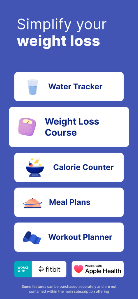 Omo app interface showing features like calorie counter and meal plans with Fitbit and Apple Health integration