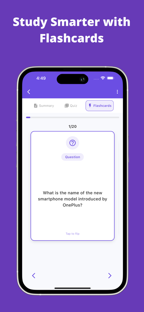 Flashcards to Study - Synt - Synt app interface showing a digital flashcard with a study question on an iPhone
