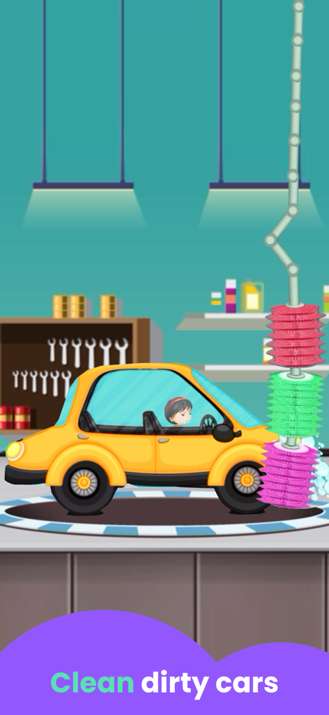 A yellow car being cleaned with colorful brushes in a car wash simulation for kids