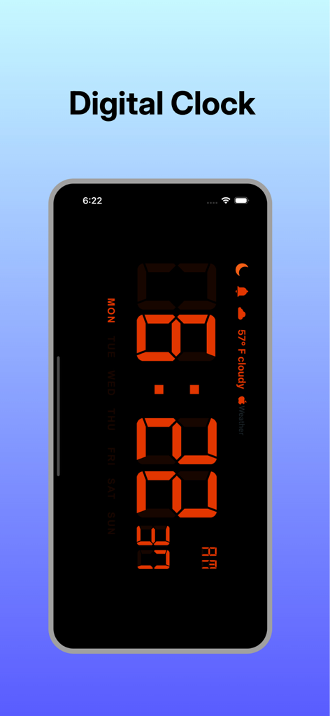 Local Forecast Clock-Portable - Interfaz de reloj digital minimalista con grandes dígitos naranjas y pronóstico del clima local sobre un fondo negro.