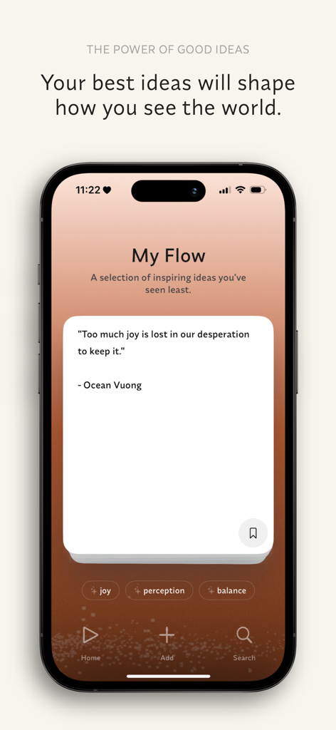 Napkin Ideas - A screenshot of the Napkin Ideas app displaying an inspiring quote for reflection and mental clarity.