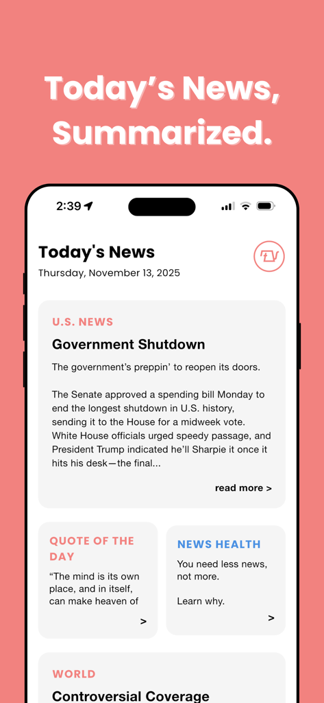The Pour Over app interface showing concise US news summaries and a daily quote on a salmon background.