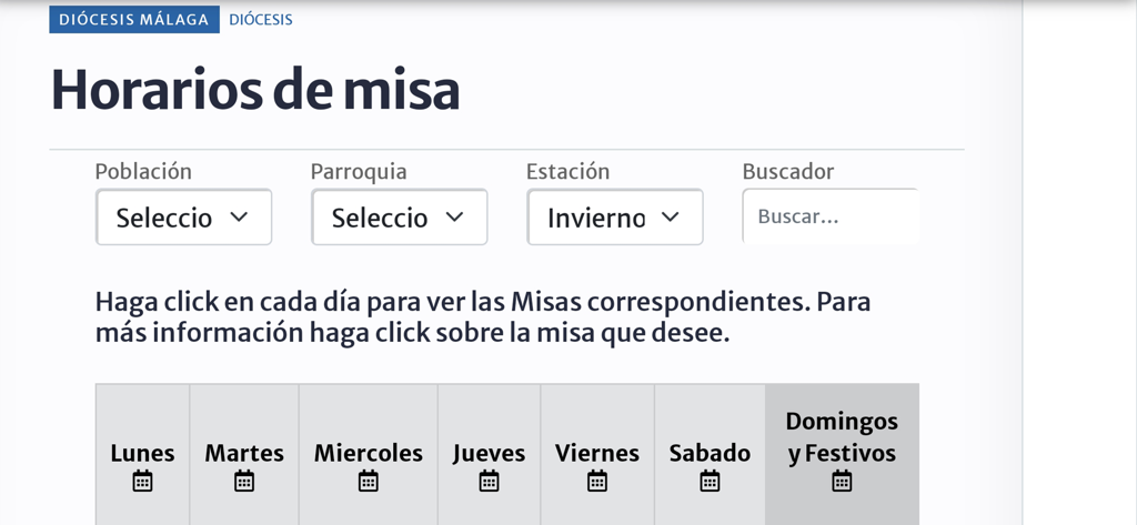 DiocesisMalaga - Mass schedules interface in the DiocesisMalaga app with filters for town parish and season