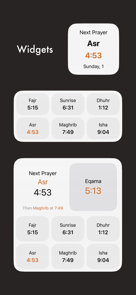 Athan: Full Athan - Una colección de tres widgets de diferentes tamaños para la pantalla de inicio de iOS que muestran horarios de oración diarios y cuenta regresiva para la próxima oración para la aplicación Athan