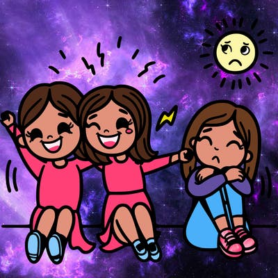 2 happy people 1 sad person just nearby but not next to the 2 happy people all 3 are girls