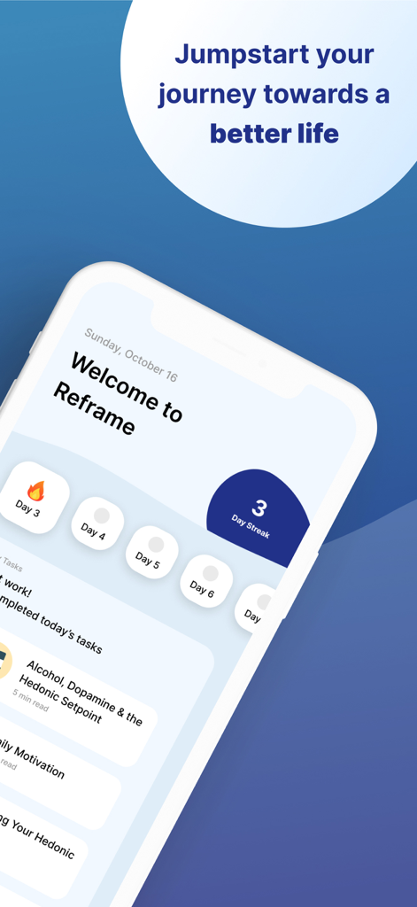 Reframe: Drink Less & Thrive - Écran d'accueil de l'application Reframe montrant une série de trois jours et des tâches quotidiennes basées sur les neurosciences