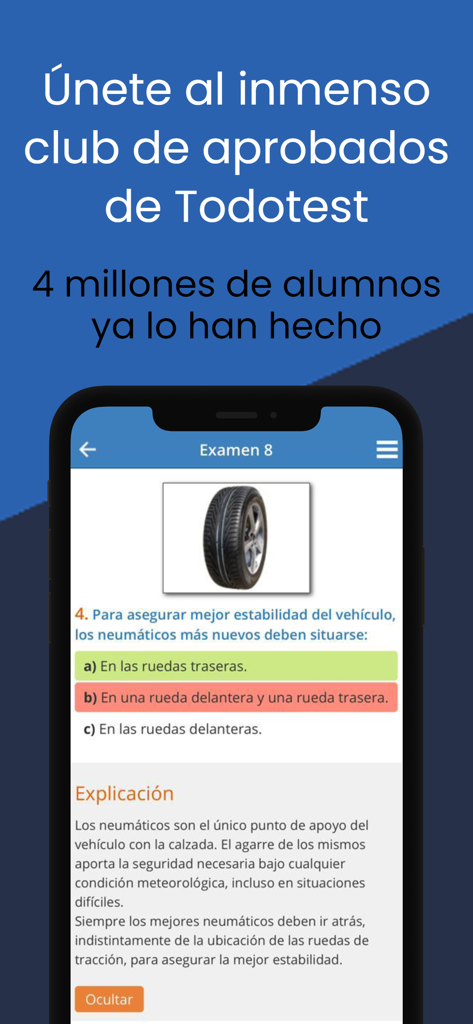 Screenshot of the TodoTest app displaying a driving theory practice question in Spanish with detailed explanations and exam statistics