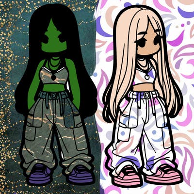 girl in baggy pants crop top and long hair