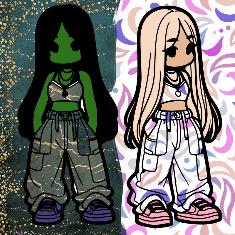 girl in baggy pants crop top and long hair