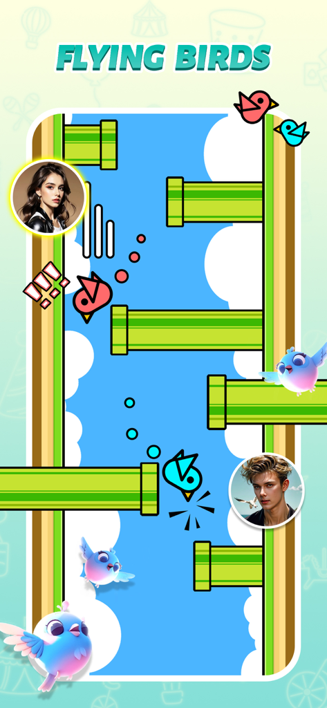 CoPlay: 2 Player Games Offline - CoPlay 앱의 Flying Birds 미니게임 2인용 게임 플레이. 아바타와 장애물이 표시됩니다.