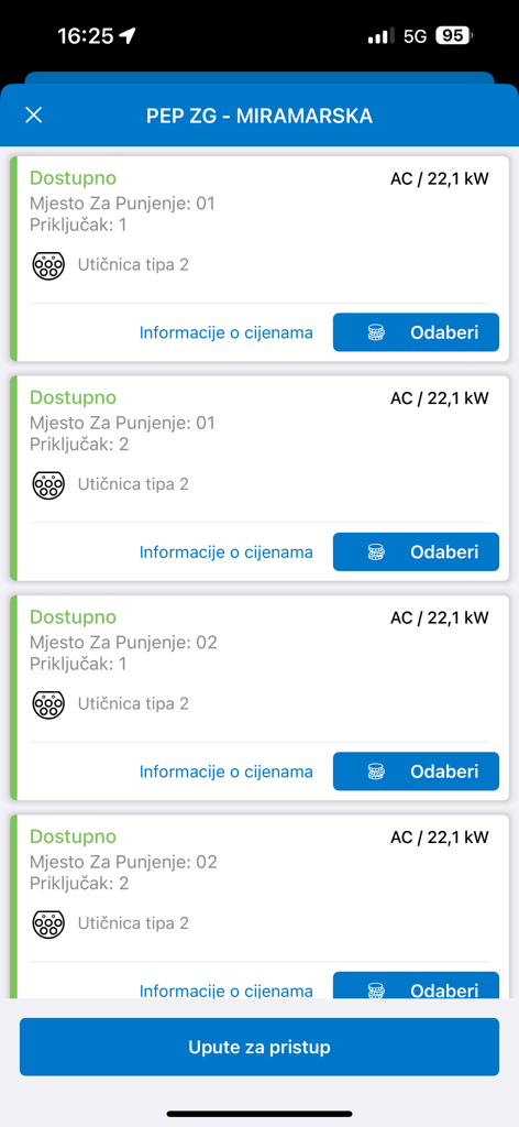 OneCharge HR - Screenshot of OneCharge HR app showing a list of available EV charging stations with status and power information.