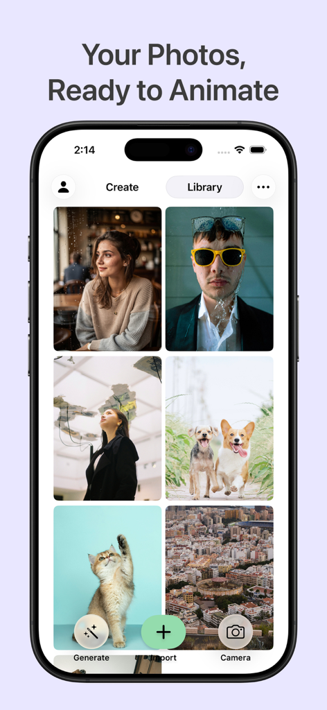 GenLive: AI Video & Live Photo - Interfaccia dell'app GenLive che mostra una griglia di libreria fotografica con diverse immagini di persone e animali domestici pronti per l'animazione AI