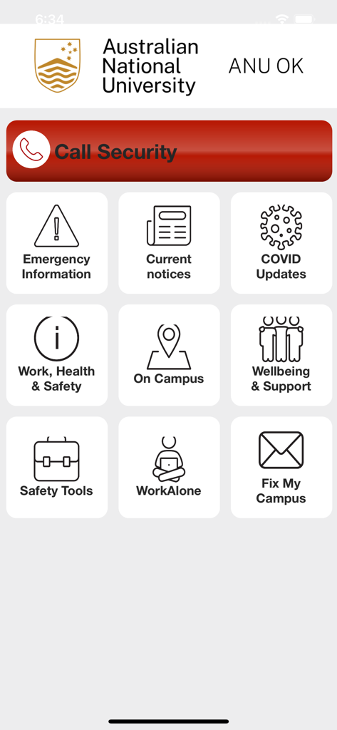 ANUOK campus safety app home screen with a Call Security button and various emergency resource icons.