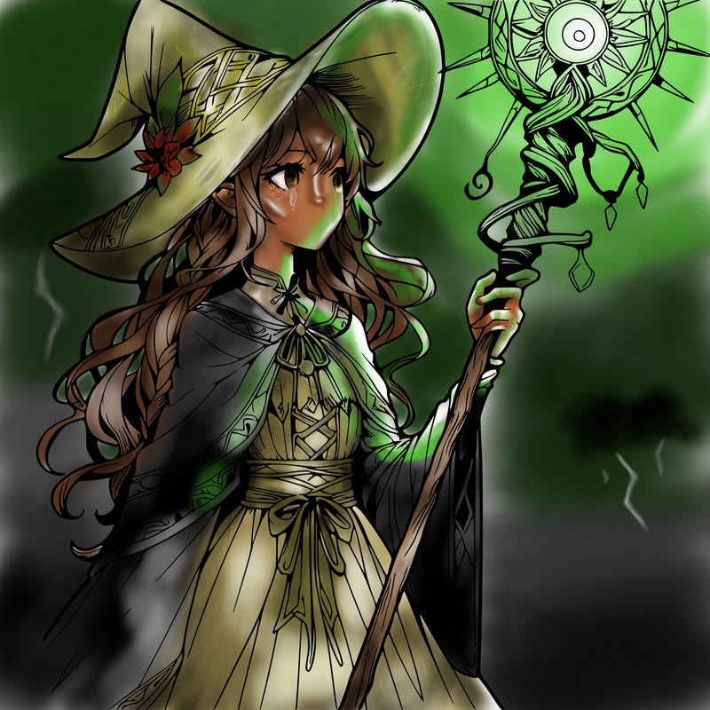 a realistic fantasy manga witch with a staff