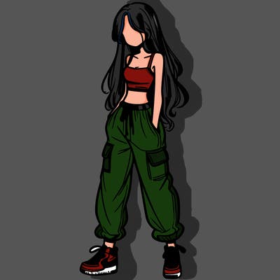 girl in baggy pants crop top and long hair