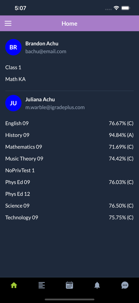 iGradePlus - iGradePlus app home screen showing a list of subjects and corresponding grades for a student