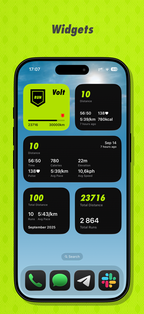 iPhone home screen displaying several fitness tracking widgets from the RUN app including shoe wear and running statistics.