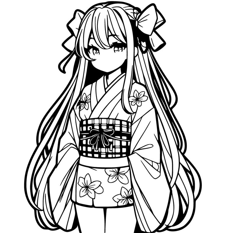 anime female wearing kimono with long hair
