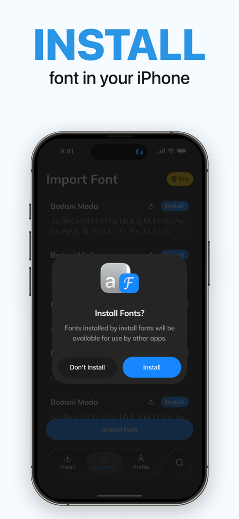 Una pantalla de iPhone mostrando un mensaje de confirmación para instalar fuentes en todo el sistema usando la app Fontsia.