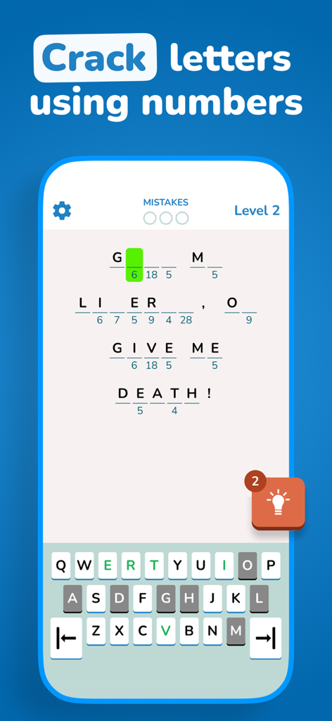 Code Crackle - Cryptogram game - Interface of Code Crackle cryptogram game where numbers are substituted for letters to decode a historical quote