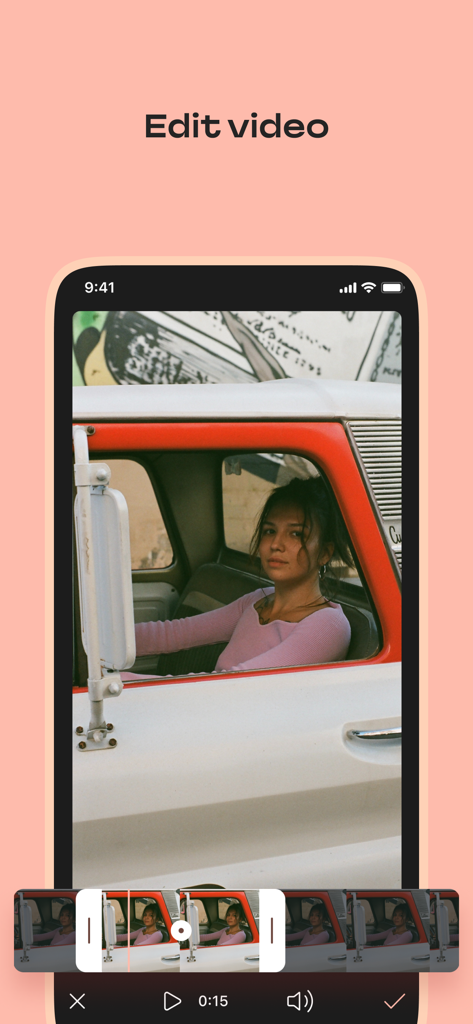Mobile app screen showing a video editing interface with a filmstrip timeline and a video preview of a person in a vintage car