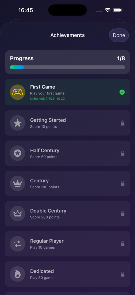 Mahjong One Button - Achievements screen in Mahjong One Button displaying game milestones and progress.