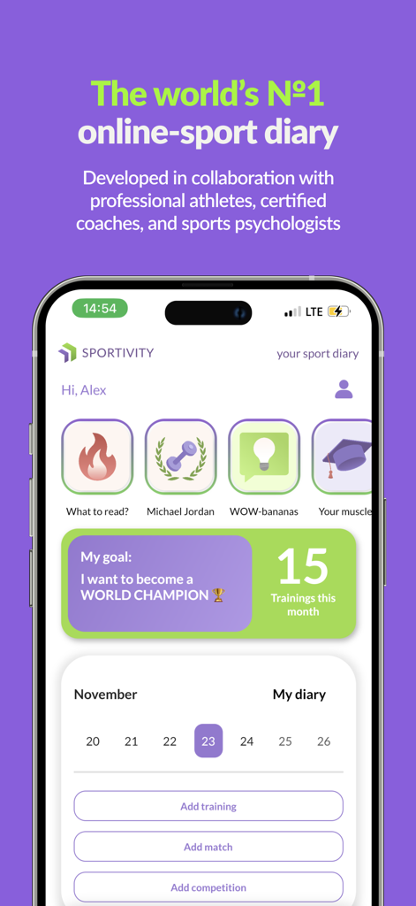 SPORTIVITY: sport tracker - SPORTIVITY app interface showing sports diary calendar training goals and professional coaching tools