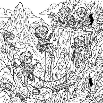 Dive into an exciting world where mischievous Mountain Goblins conquer challenging peaks. This detailed coloring page invites you to bring their daring rock-climbing expedition to life with your favorite colors.