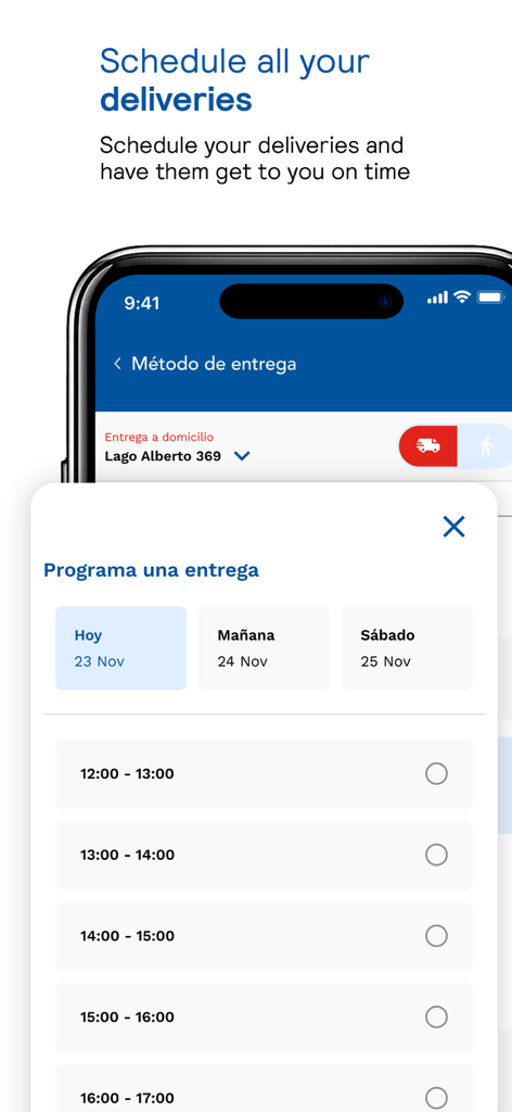 Benavides - Benavides pharmacy app interface for scheduling home medication delivery with date and time options
