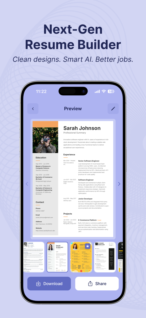VibeCV-Mobile-App-Screenshot mit einer Vorschau eines professionellen Lebenslaufs mit modernen Vorlagen und Exportoptionen.