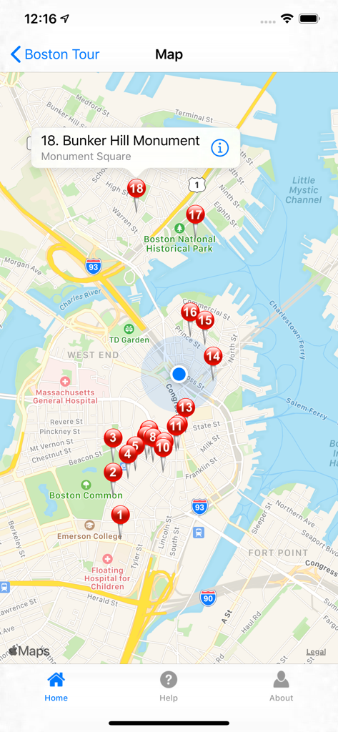 Historic Boston - An interactive map of Boston showing numbered pins for historical tour stops along the Freedom Trail