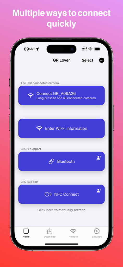GR Lover - GR World - Smartphone app interface showing Ricoh GR camera connection options including WiFi Bluetooth and NFC