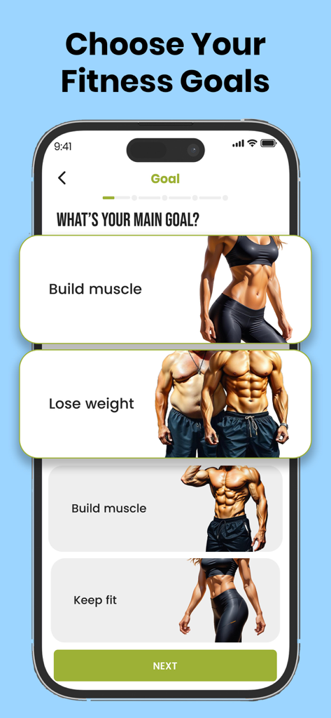 Fitness goal selection screen in the FitZay Workout Planner app.