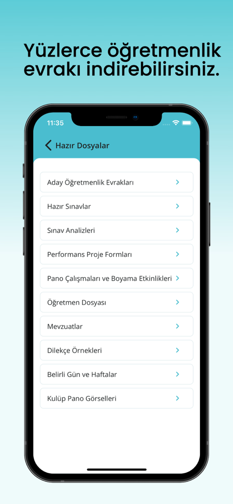 Mobile app interface showing a list of teaching document templates and administrative categories