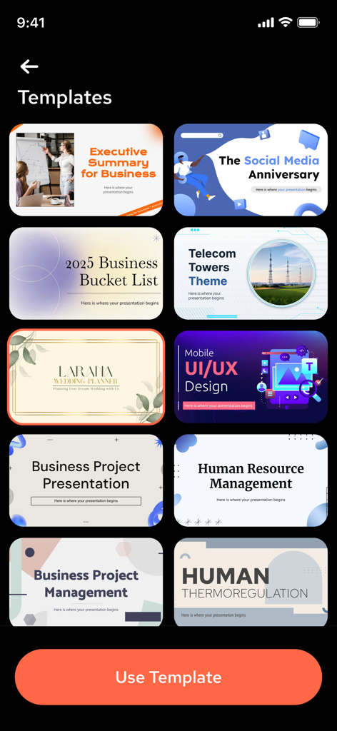 Ai PPT Maker App : PPT Editor - Cuadrícula de plantillas de diapositivas profesionales en la app AI PPT Maker