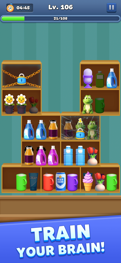 Écran de jeu Goods Triple Master montrant des objets ménagers sur des étagères à trier avec une bannière 'Entraînez votre cerveau'.