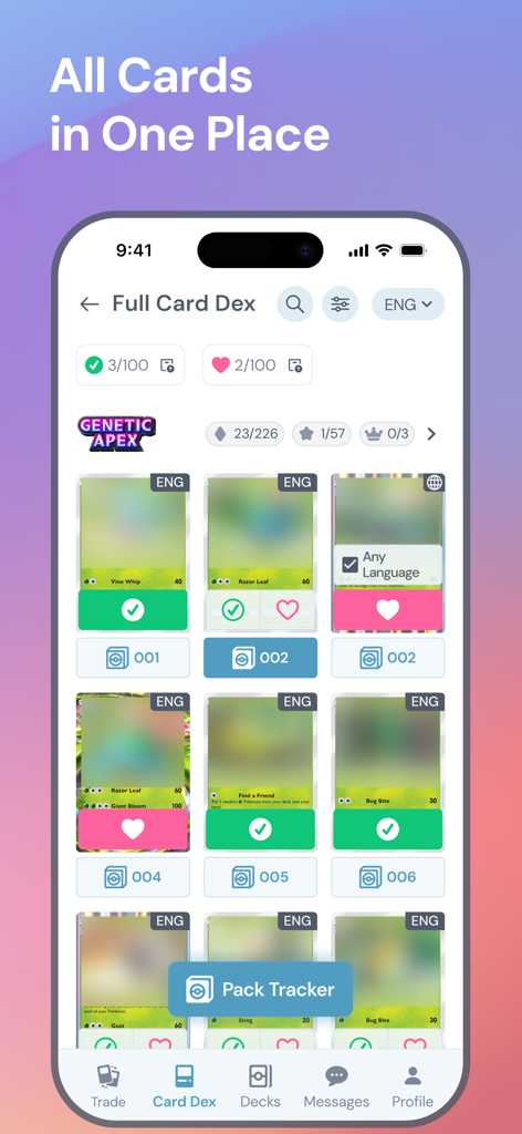 Interface of the PokeTrade app showing a collection of Pokemon cards in the card dex view with wishlist and ownership status.